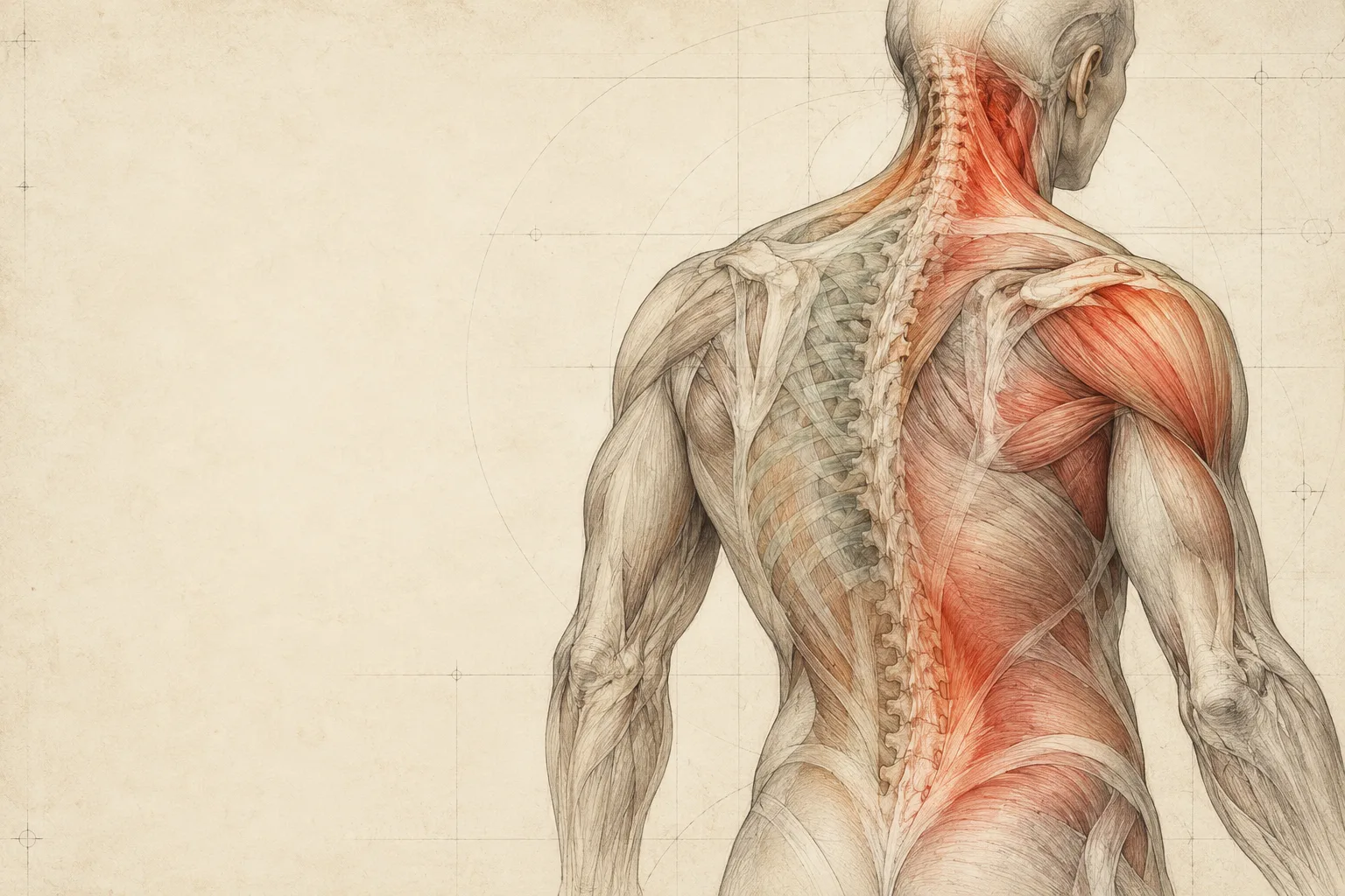 An anatomical illustration of neck, shoulder, and back soft tissues